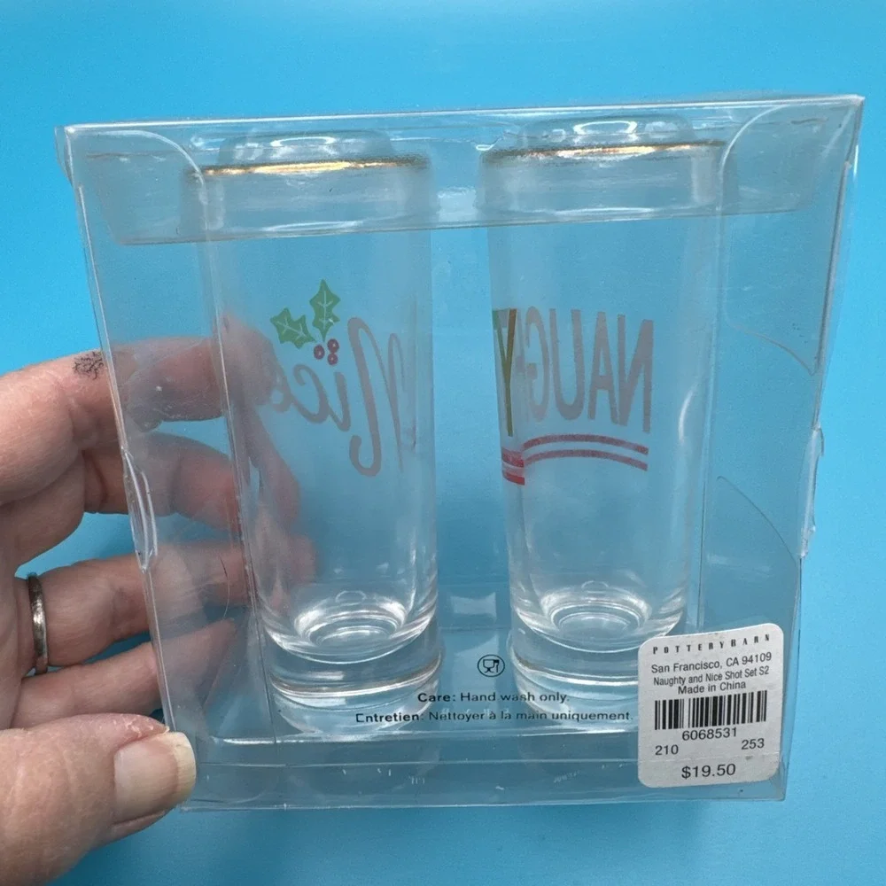 Pottery Barn Christmas Shot Glass Gift Set Gold Rim Naughty & Nice Boxed Barware